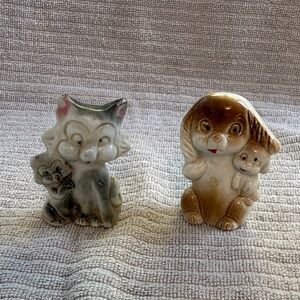 Vintage Ceramic Cat and Dog Figurines. Made in Japan